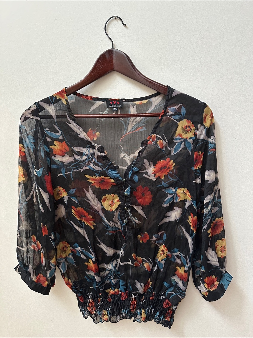 Jules & Leopold Black Sheer Floral V-Neck Blouse